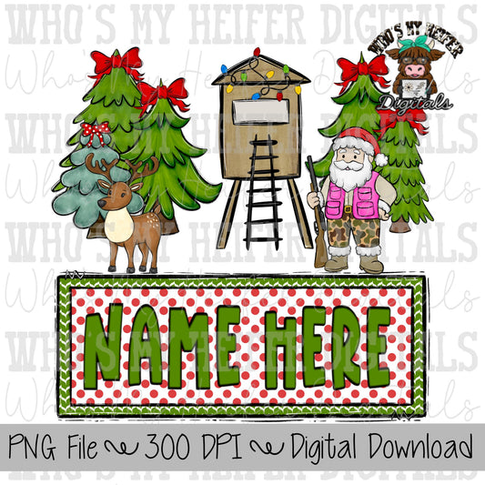 Hunting Santa with Name Block Sublimation PNG Hand Drawn Santa Claus in Camo PNG Kids Christmas Shirt Design Christmas Tree Hunting Doodle