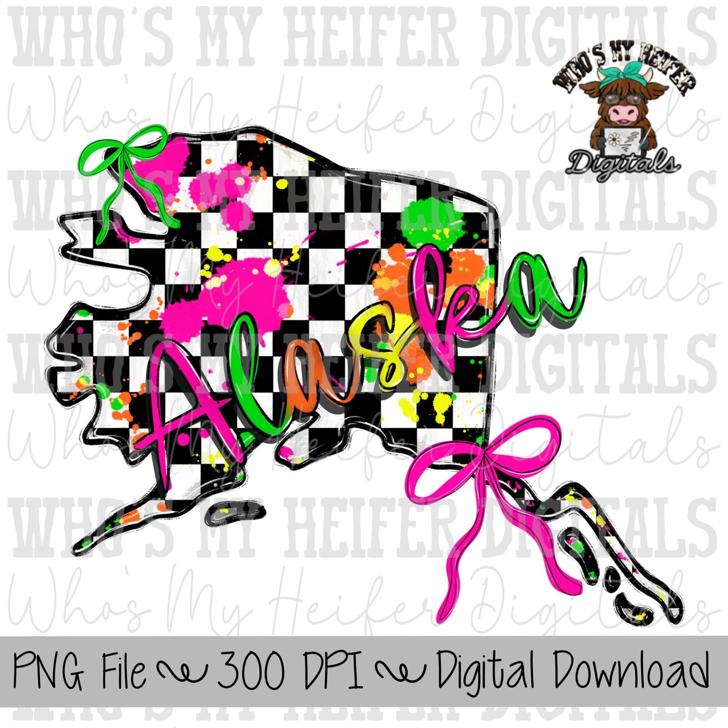 Checkered State of Alaska PNG Hand Drawn Alaska with Bow Sublimation PNG Retro 90's Shirt Design Bright Colors Paint Splatter Doodle Art