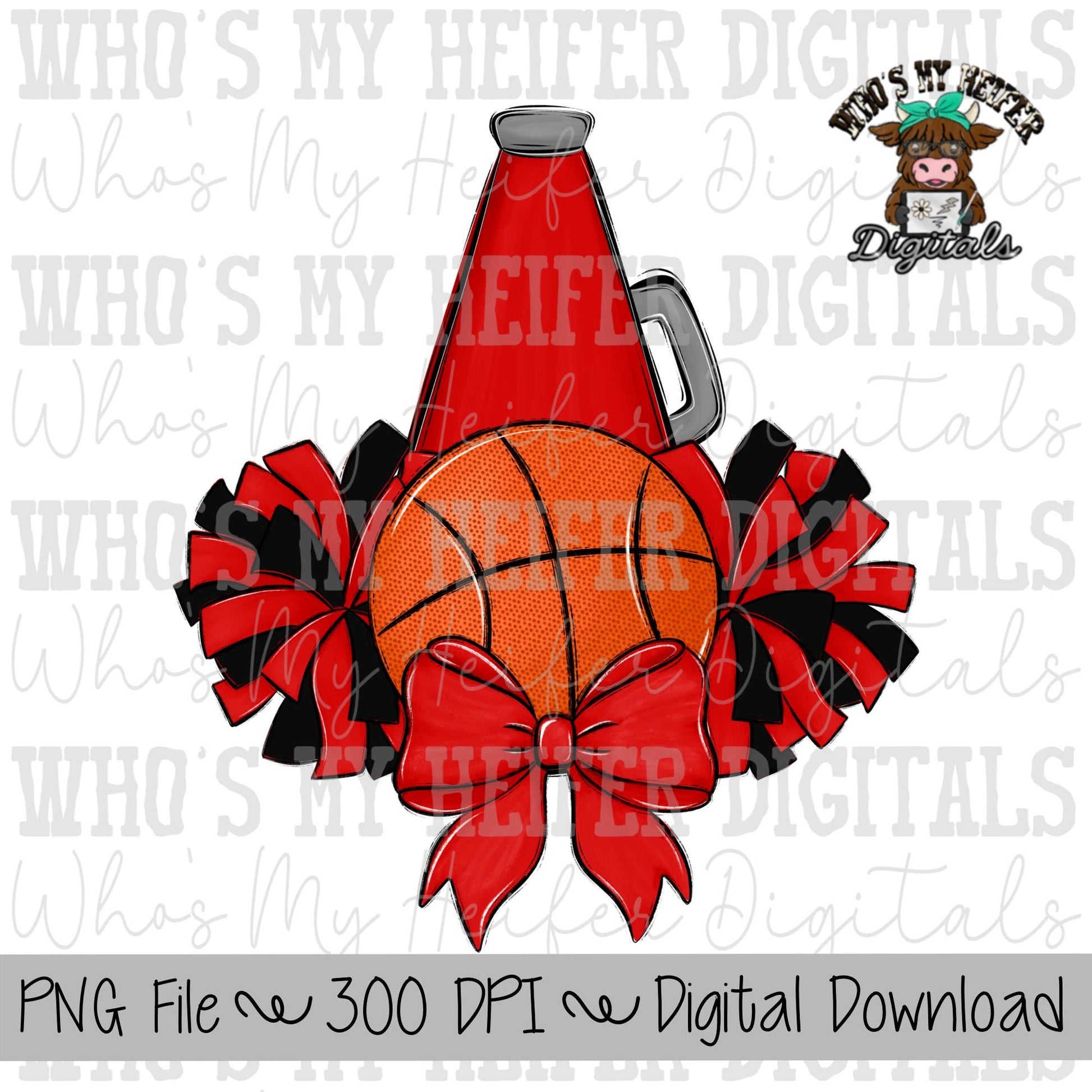 Custom Basketball Cheer PNG Hand Drawn Basketball, Pompoms, & Cheer Bow Sublimation PNG Girl Game Day Shirt Design Customized Cheer Clipart