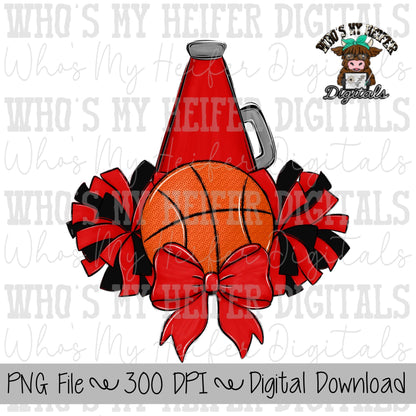 Custom Basketball Cheer PNG Hand Drawn Basketball, Pompoms, & Cheer Bow Sublimation PNG Girl Game Day Shirt Design Customized Cheer Clipart