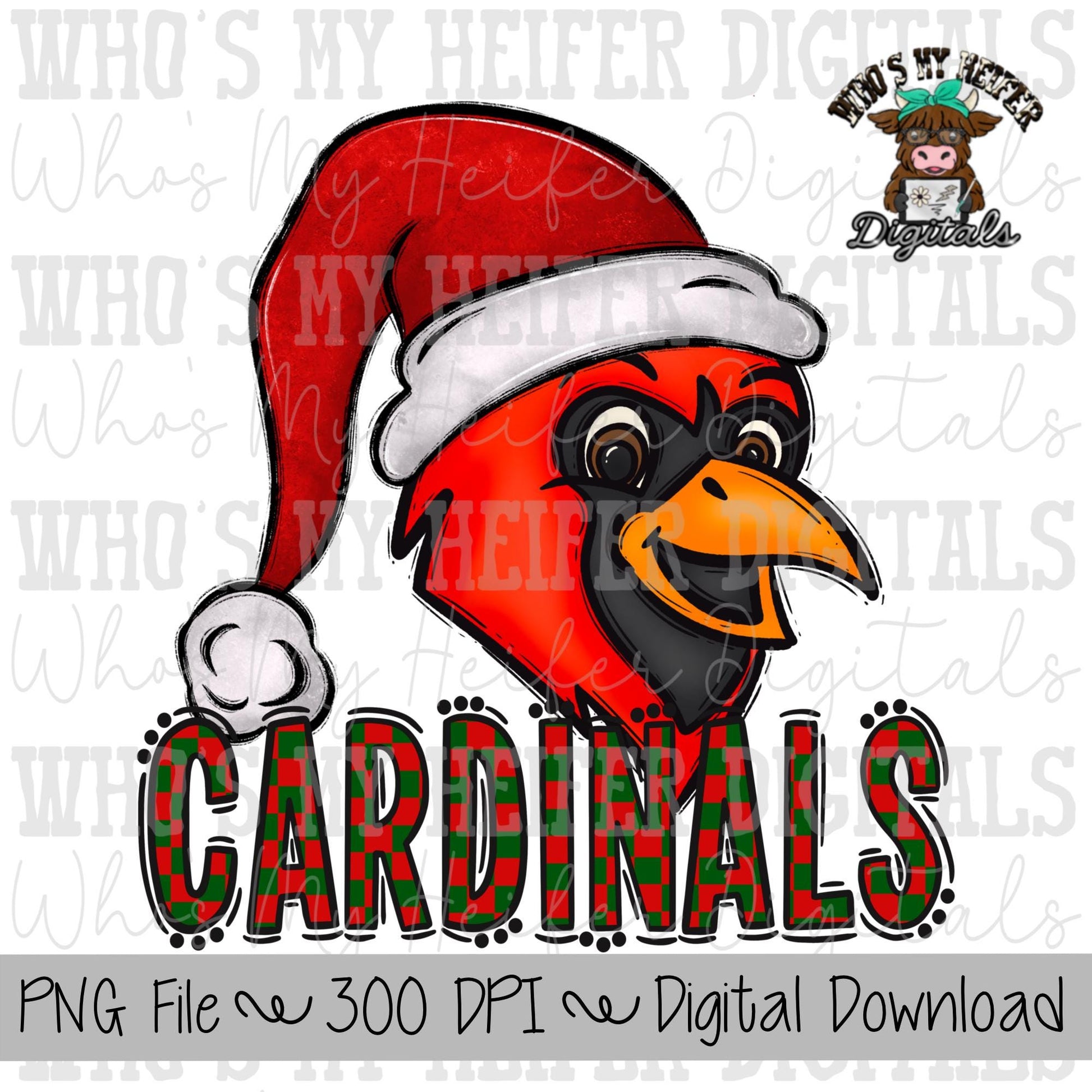 Santa Hat Cardinal PNG Hand Drawn Cardinal with Hat Sublimation PNG Game Day Shirt Designs School Spirit PNG Checkered Cardinal Doodle Art