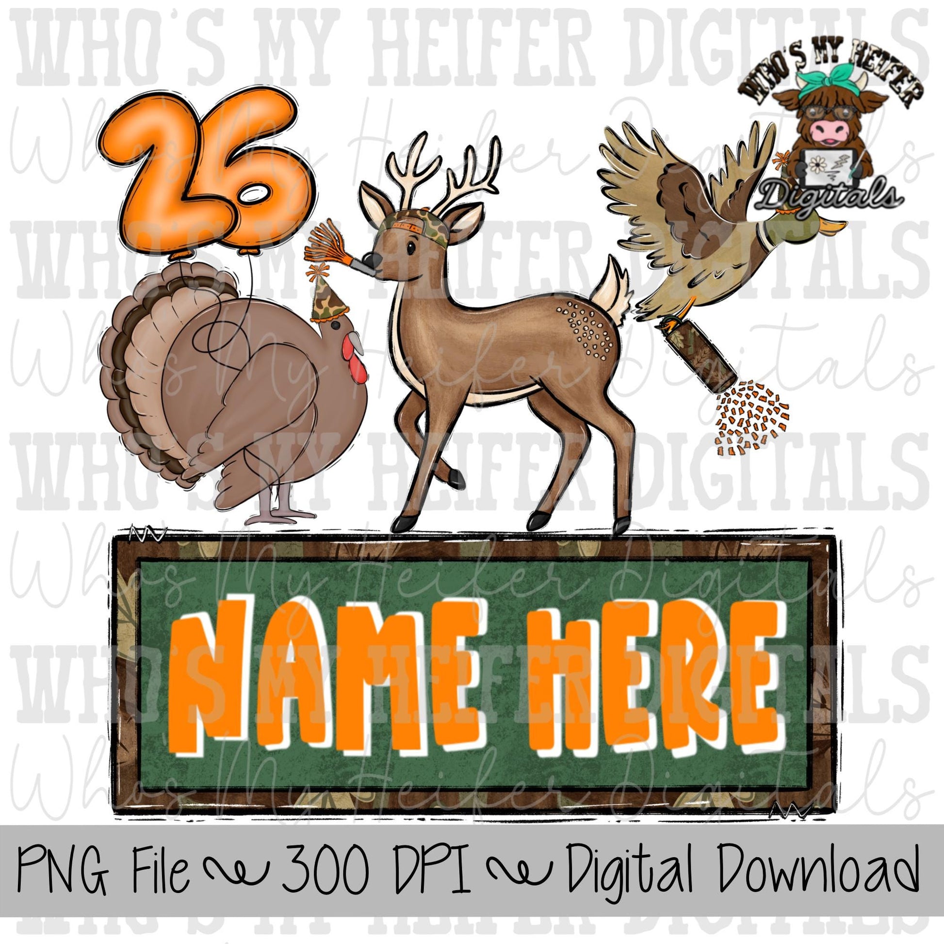 New Year Animals Trio Name Block Sublimation PNG Hand Drawn Deer, Duck, & Turkey PNG Kids Hunting Shirt Design Child Camouflage Doodle Art