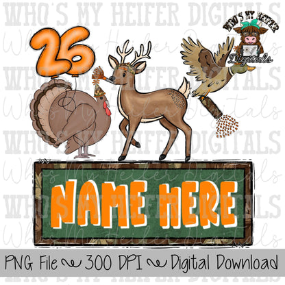 New Year Animals Trio Name Block Sublimation PNG Hand Drawn Deer, Duck, & Turkey PNG Kids Hunting Shirt Design Child Camouflage Doodle Art