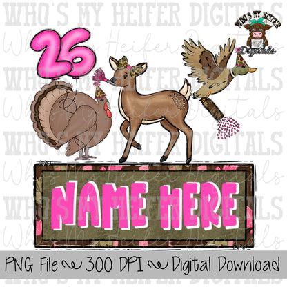 New Year Animals Trio Name Block Sublimation PNG Hand Drawn Deer, Duck, & Turkey PNG Kids Hunting Shirt Design Child Camouflage Doodle Art