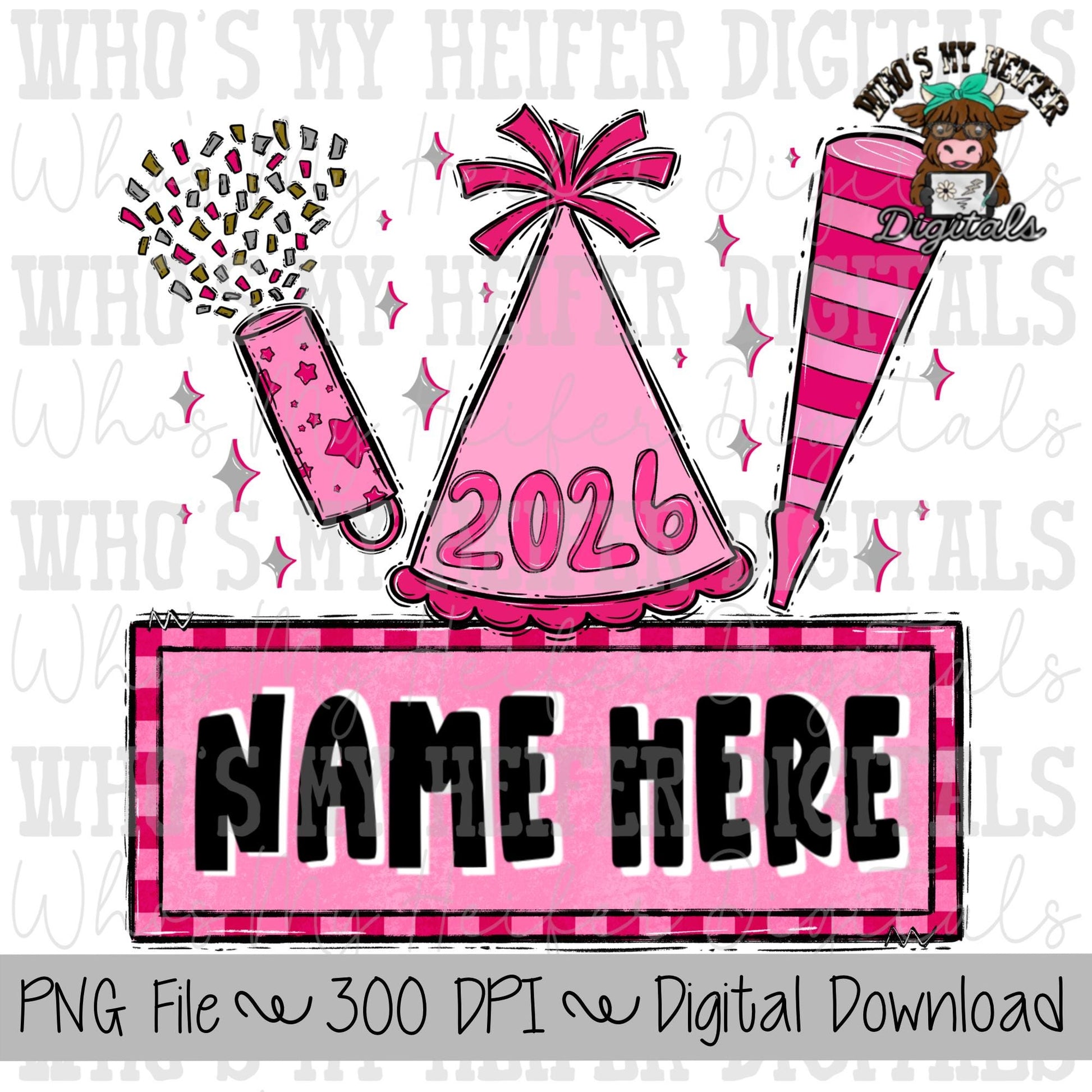 New Year's Trio Name Block Sublimation PNG Hand Drawn Confetti Popper, Party Hat, & Blower PNG Kids 2026 Shirt Design Child New Year Doodle