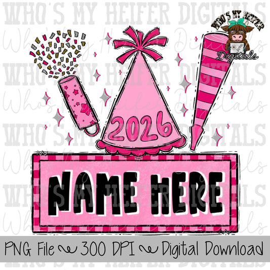 New Year's Trio Name Block Sublimation PNG Hand Drawn Confetti Popper, Party Hat, & Blower PNG Kids 2026 Shirt Design Child New Year Doodle