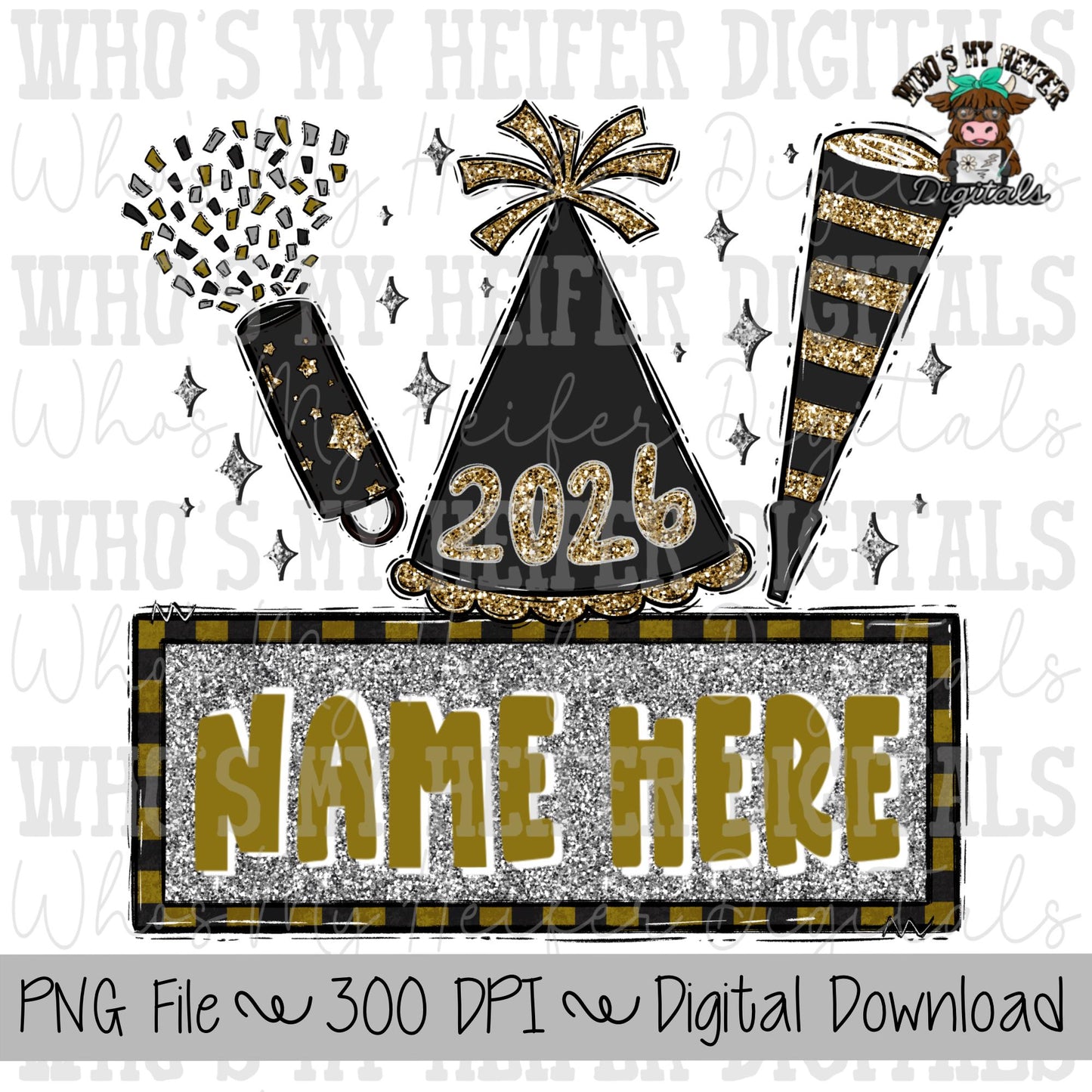 New Year's Trio Name Block Sublimation PNG Hand Drawn Confetti Popper, Party Hat, & Blower PNG Kids 2026 Shirt Design Child New Year Doodle