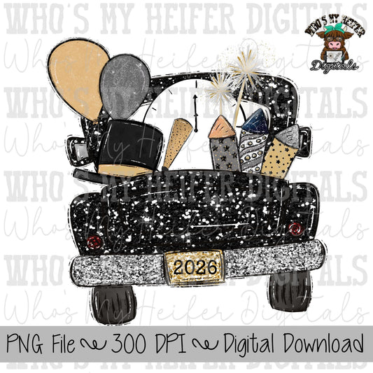 New Year's Truck Sublimation PNG Hand Drawn Pick up Truck with Balloons, Clock, and Hat PNG Kids 2026 Shirt Design Child New Year Doodle Art