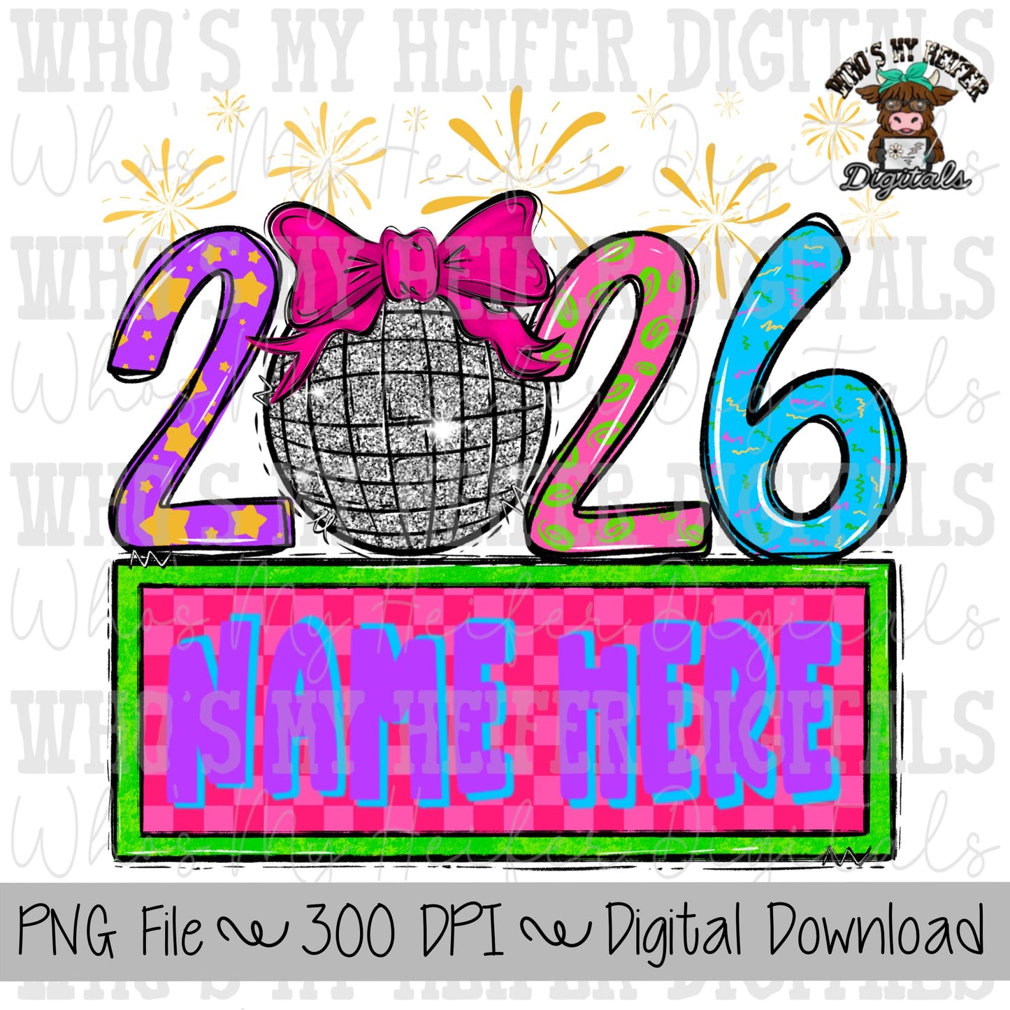 New Year's 2026 Sublimation PNG Hand Drawn Disco Ball with Hat PNG Kids Shirt Design Child Bright Colored New Year Eve Doodle Art Fireworks