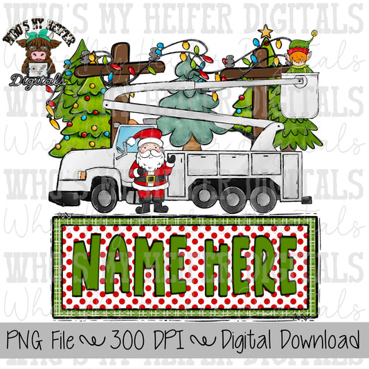 Powerline Santa with Name Block Sublimation PNG Hand Drawn Santa Claus & Boom Truck PNG Kids Christmas Shirt Design Bucket Truck Doodle Art