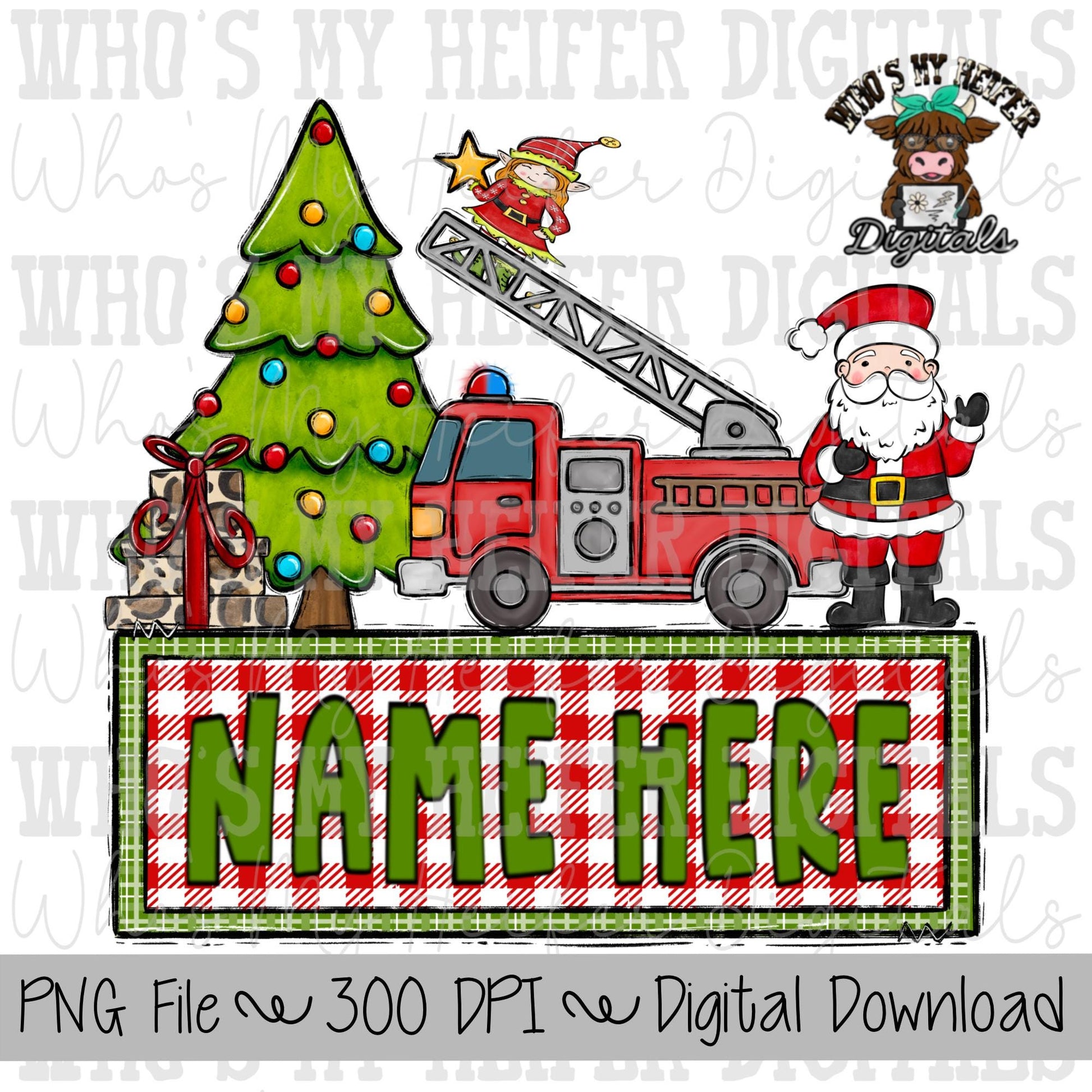 Firefighter Santa with Name Block Sublimation PNG Hand Drawn Santa Claus & Fire Truck PNG Kids Christmas Shirt Design Fire Truck Doodle Art