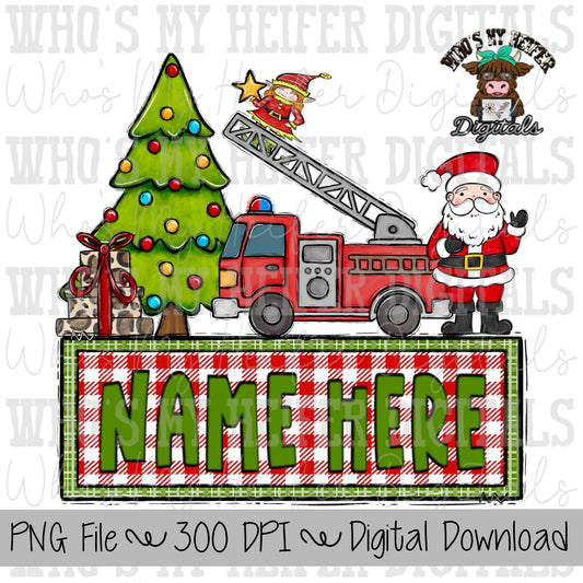 Firefighter Santa with Name Block Sublimation PNG Hand Drawn Santa Claus & Fire Truck PNG Kids Christmas Shirt Design Fire Truck Doodle Art