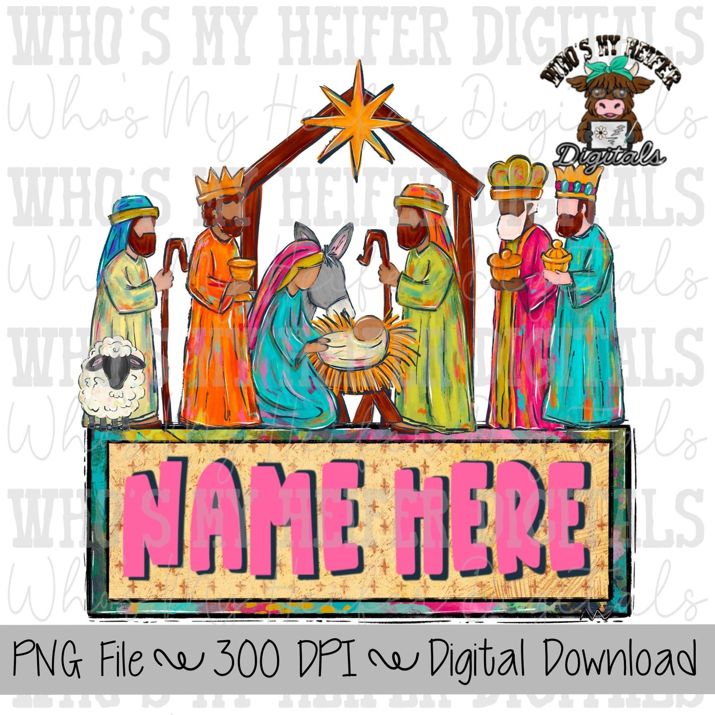 Hand Painted Nativity Scene with Name Block Sublimation PNG Hand Drawn Nativity PNG Kids Christmas Shirt Design Manger Doodle Art
