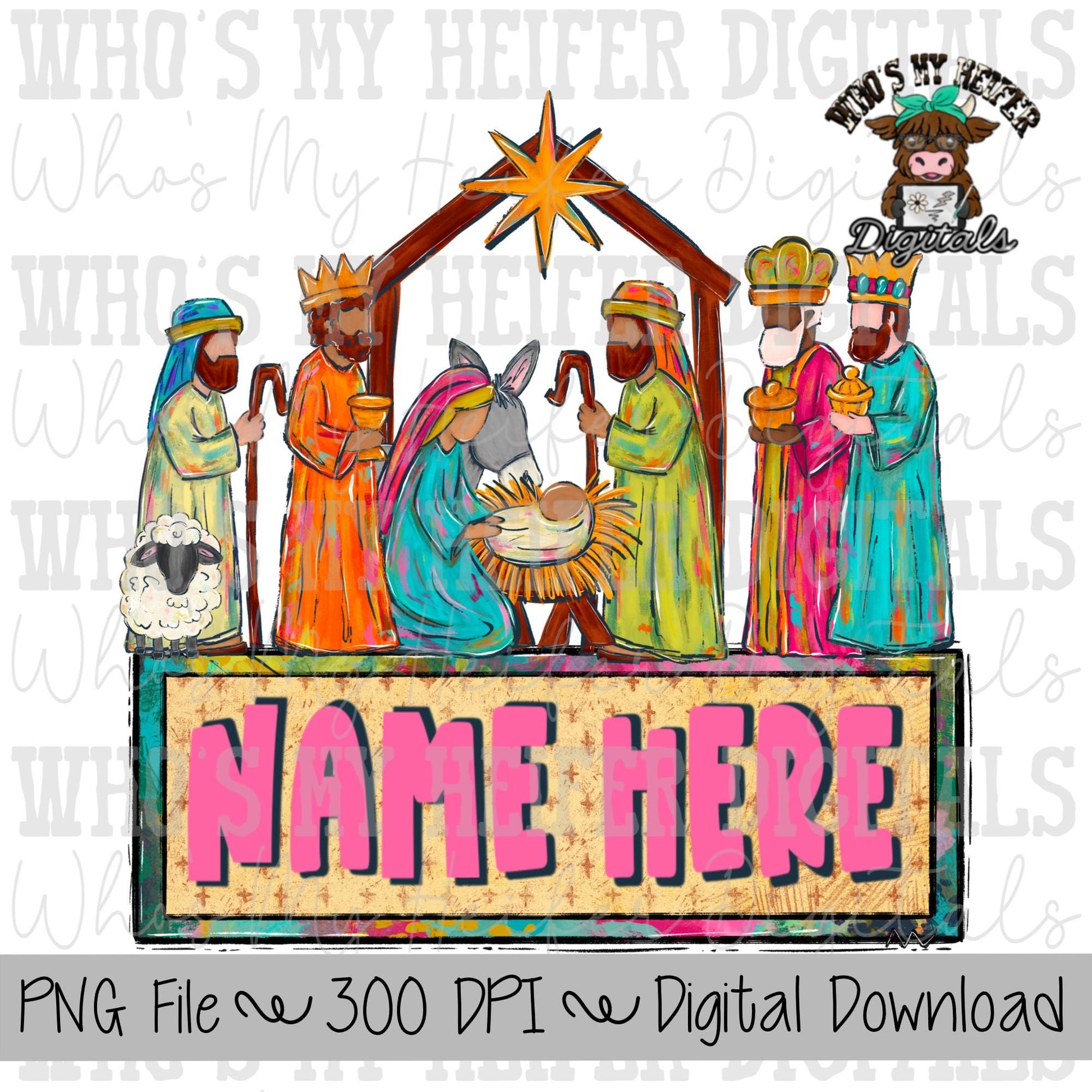 Hand Painted Nativity Scene with Name Block Sublimation PNG Hand Drawn Nativity PNG Kids Christmas Shirt Design Manger Doodle Art