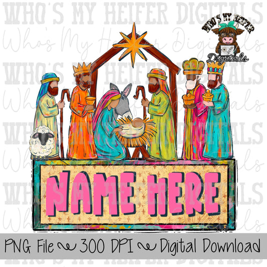 Hand Painted Nativity Scene with Name Block Sublimation PNG Hand Drawn Nativity PNG Kids Christmas Shirt Design Manger Doodle Art