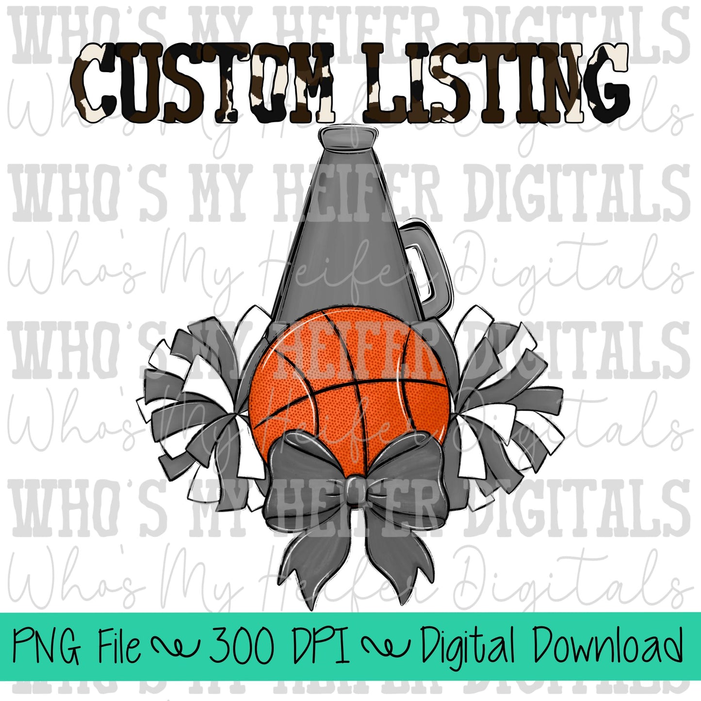 Custom Basketball Cheer PNG Hand Drawn Basketball, Pompoms, & Cheer Bow Sublimation PNG Girl Game Day Shirt Design Customized Cheer Clipart