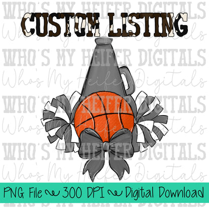Custom Basketball Cheer PNG Hand Drawn Basketball, Pompoms, & Cheer Bow Sublimation PNG Girl Game Day Shirt Design Customized Cheer Clipart