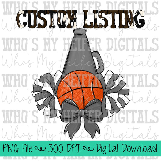 Custom Basketball Cheer PNG Hand Drawn Basketball, Pompoms, & Cheer Bow Sublimation PNG Girl Game Day Shirt Design Customized Cheer Clipart