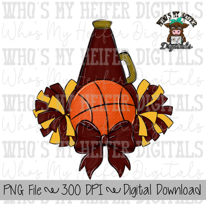 Custom Basketball Cheer PNG Hand Drawn Basketball, Pompoms, & Cheer Bow Sublimation PNG Girl Game Day Shirt Design Customized Cheer Clipart