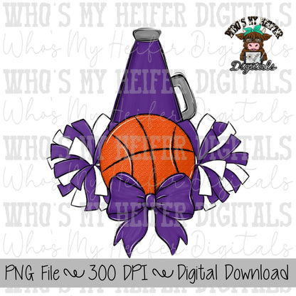 Custom Basketball Cheer PNG Hand Drawn Basketball, Pompoms, & Cheer Bow Sublimation PNG Girl Game Day Shirt Design Customized Cheer Clipart