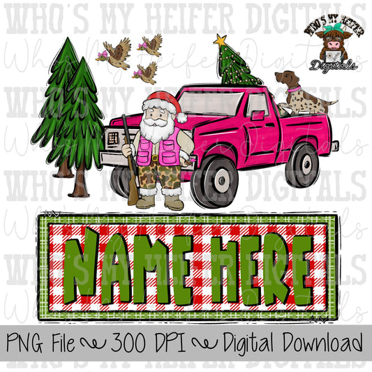 Duck Hunting Santa with Name Block Sublimation PNG Hand Drawn Santa Claus in Camo PNG Kids Christmas Shirt Design Christmas Hunting Doodle