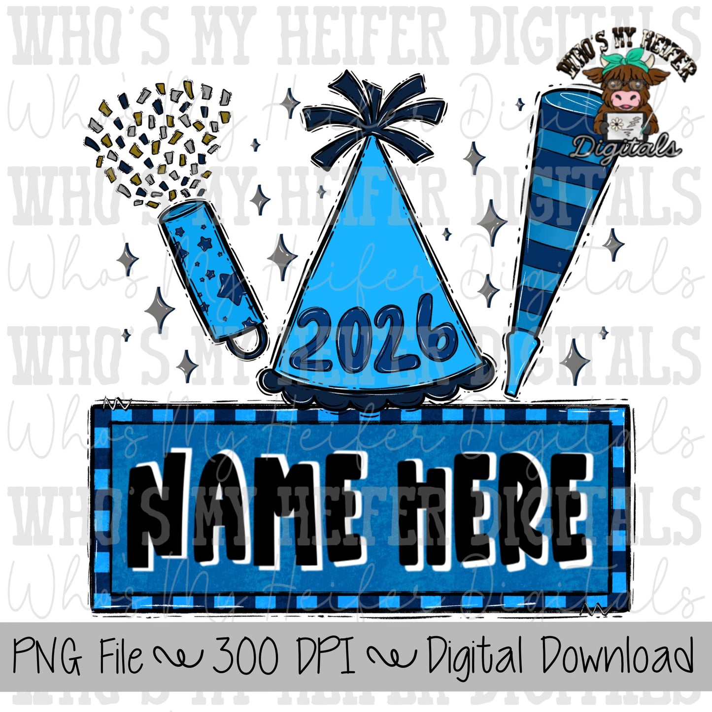 New Year's Trio Name Block Sublimation PNG Hand Drawn Confetti Popper, Party Hat, & Blower PNG Kids 2026 Shirt Design Child New Year Doodle