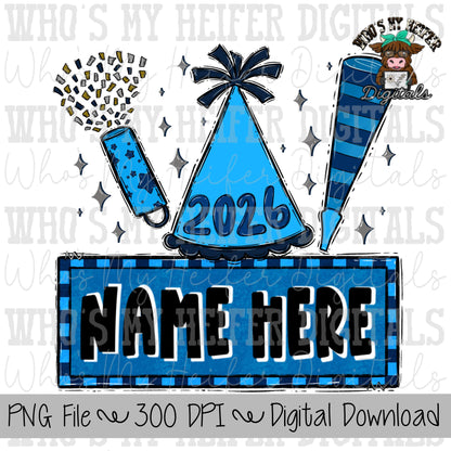 New Year's Trio Name Block Sublimation PNG Hand Drawn Confetti Popper, Party Hat, & Blower PNG Kids 2026 Shirt Design Child New Year Doodle