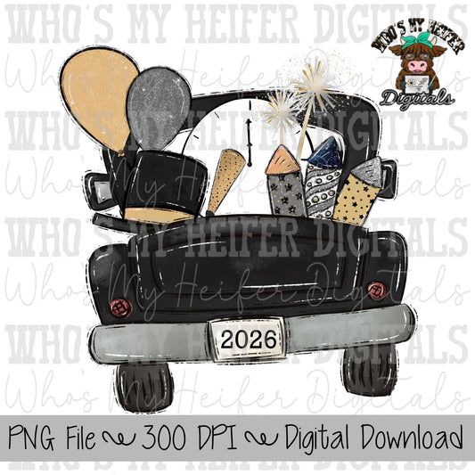 New Year's Truck Sublimation PNG Hand Drawn Pick up Truck with Balloons, Clock, and Hat PNG Kids 2026 Shirt Design Child New Year Doodle Art
