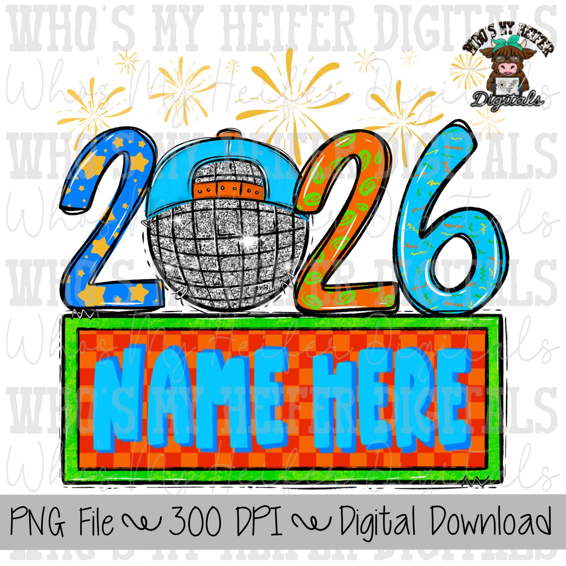 New Year's 2026 Sublimation PNG Hand Drawn Disco Ball with Hat PNG Kids Shirt Design Child Bright Colored New Year Eve Doodle Art Fireworks