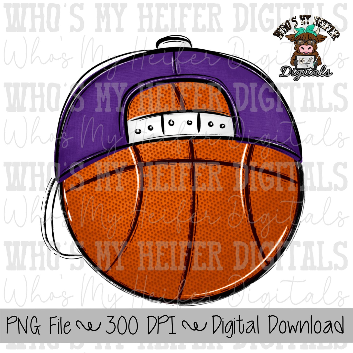Purple & White Basketball with Backward Hat PNG Hand Drawn Basketball with Hat Sublimation PNG Game Day Shirt Design School Spirit Doodle