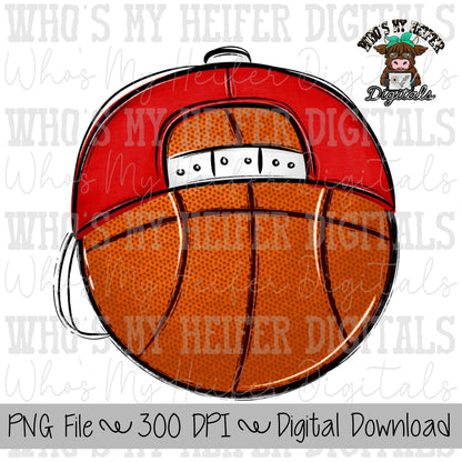Red & White Basketball with Hat Sublimation PNG Game Day Shirt Design School Spirit Doodle