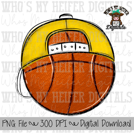 Yellow & White Basketball with Backward Hat PNG Hand Drawn Basketball with Hat Sublimation PNG Game Day Shirt Design School Spirit Doodle