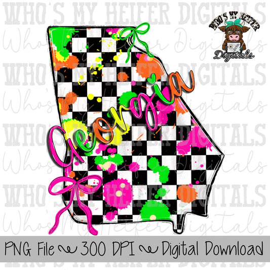 Checkered State of Georgia PNG Hand Drawn Georgia with Bow Sublimation PNG Retro 90's Shirt Design Bright Colors Paint Splatter Doodle Art