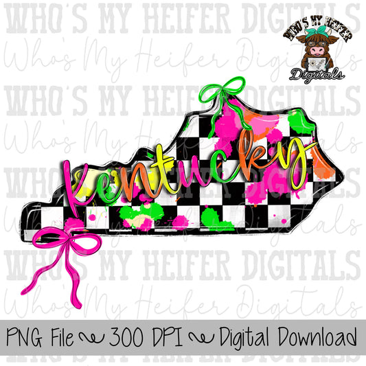 Checkered State of Kentucky PNG Hand Drawn Kentucky with Bow Sublimation PNG Retro 90's Shirt Design Bright Colors Paint Splatter Doodle Art