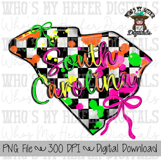Checkered State of South Carolina PNG Hand Drawn Carolina with Bow Sublimation PNG Retro 90's Shirt Design Bright Colors Paint Splatter