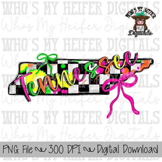 Checkered State of Tennessee PNG Hand Drawn Tennessee with Bow Sublimation PNG Retro 90's Shirt Design Bright Colors Paint Splatter Doodle