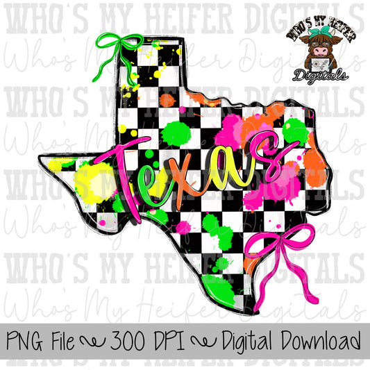 Checkered State of Texas PNG Hand Drawn Texas with Bow Sublimation PNG Retro 90's Shirt Design Bright Colors Paint Splatter Doodle Art