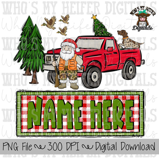 Duck Hunting Santa with Name Block Sublimation PNG Hand Drawn Santa Claus in Camo PNG Kids Christmas Shirt Design Christmas Hunting Doodle