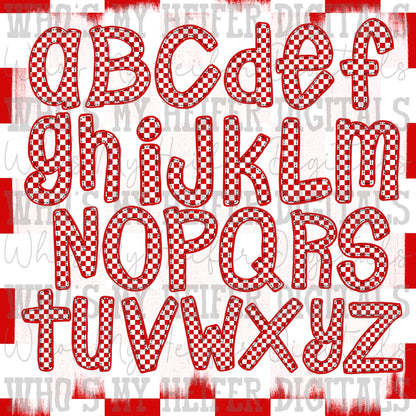 Red Checkered Scalloped Alpha Font Hand Drawn Checkerboard with Scalloped Outline PNG Font Sublimation Digital Doodle Letters