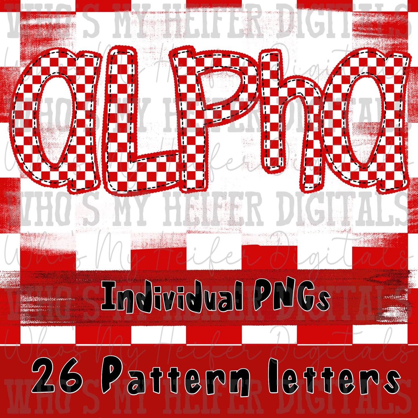 Red Checkered Scalloped Alpha Font Hand Drawn Checkerboard with Scalloped Outline PNG Font Sublimation Digital Doodle Letters