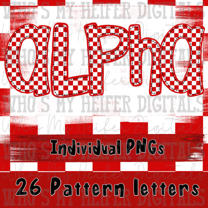Red Checkered Scalloped Alpha Font Hand Drawn Checkerboard with Scalloped Outline PNG Font Sublimation Digital Doodle Letters
