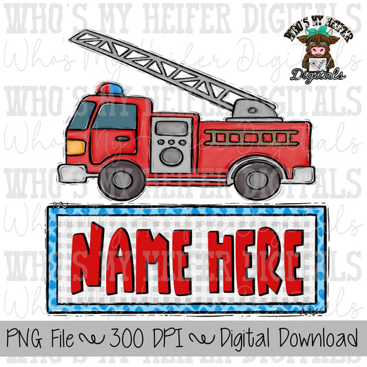 Firefighter Truck with Name Block Sublimation PNG Hand Drawn Fire Truck PNG Kids Shirt Design Fire Engine Doodle Art