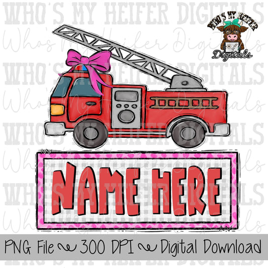 Firefighter Truck with Name Block Sublimation PNG Hand Drawn Fire Truck with Bow PNG Kids Shirt Design Fire Engine Doodle Art