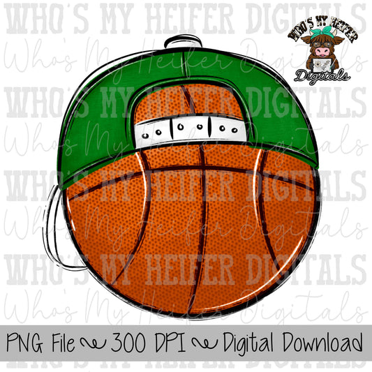 Green & White Basketball with Backward Hat PNG Hand Drawn Basketball with Hat Sublimation PNG Game Day Shirt Design School Spirit Doodle Art