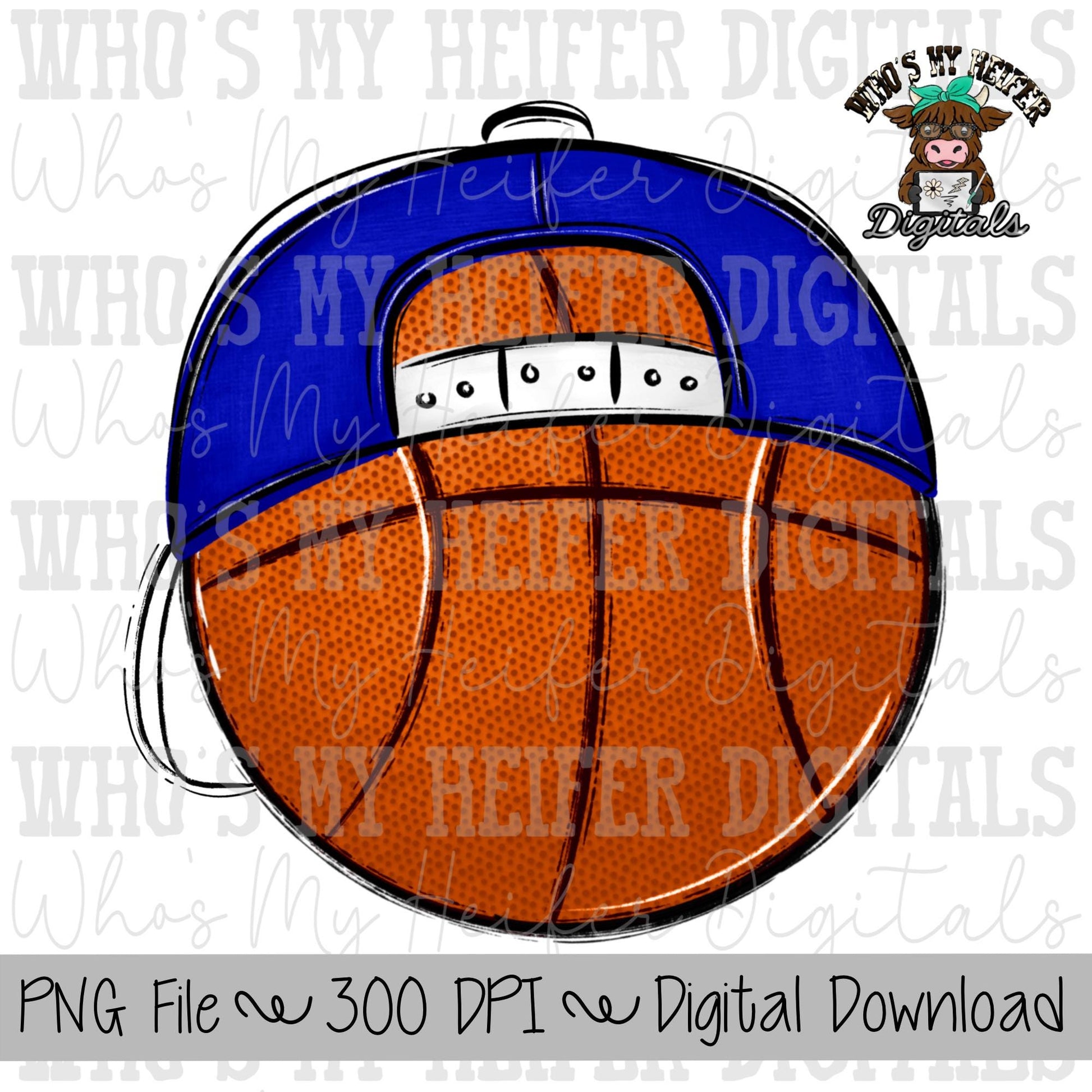 Blue & White Basketball with Backward Hat PNG Hand Drawn Basketball with Hat Sublimation PNG Game Day Shirt Design School Spirit Doodle Art