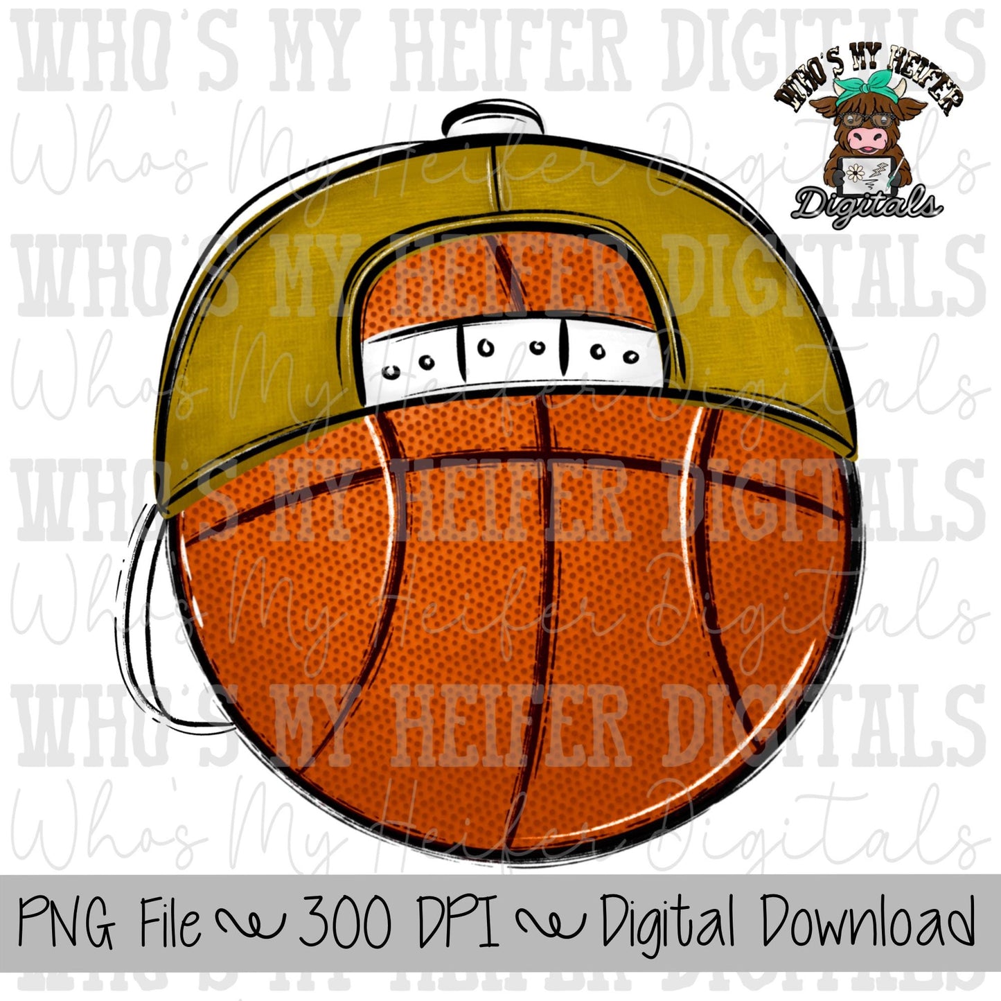 Gold & White Basketball with Backward Hat PNG Hand Drawn Basketball with Hat Sublimation PNG Game Day Shirt Design School Spirit Doodle Art