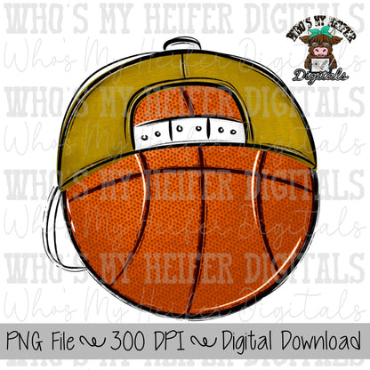 Gold & White Basketball with Backward Hat PNG Hand Drawn Basketball with Hat Sublimation PNG Game Day Shirt Design School Spirit Doodle Art