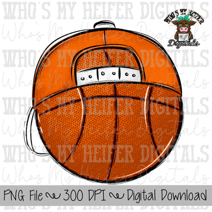 Orange & White Basketball with Backward Hat PNG Hand Drawn Basketball with Hat Sublimation PNG Game Day Shirt Design School Spirit Doodle