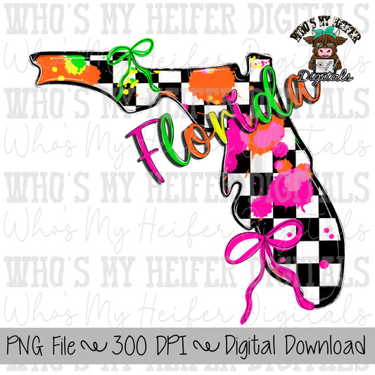 Checkered State of Florida PNG Hand Drawn Florida with Bow Sublimation PNG Retro 90's Shirt Design Bright Colors Paint Splatter Doodle Art