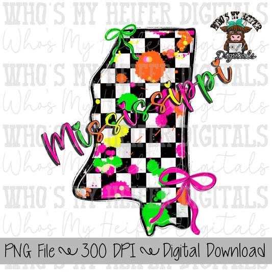Checkered State of Mississippi PNG Hand Drawn Mississippi with Bow Sublimation PNG Retro 90's Shirt Design Bright Colors Paint Splatter